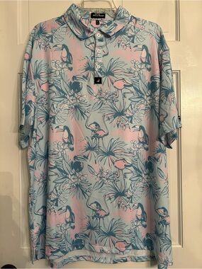Tropical Flamingo Short-Sleeve Polo in Blue and Pink